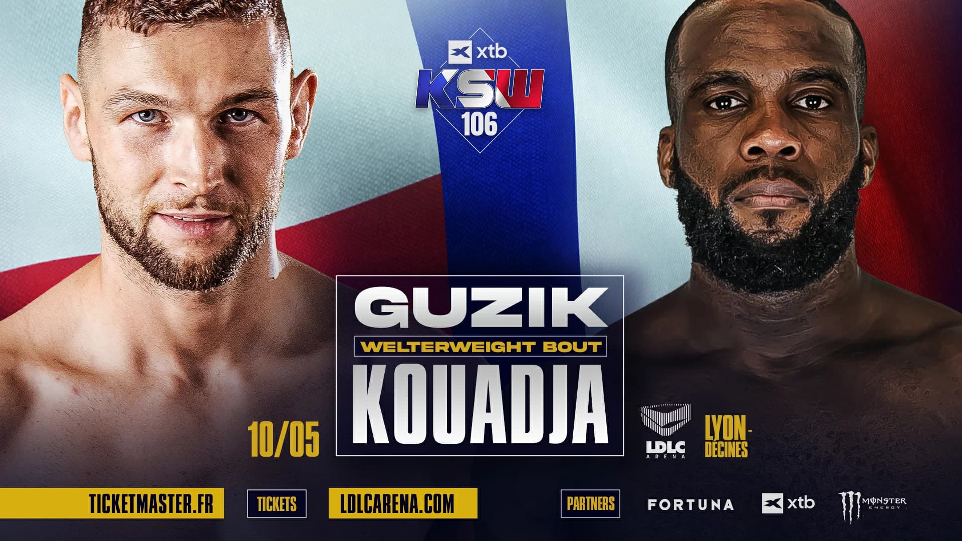 Plakat XTB KSW 106, Lyon, 10.05.2025 — Guzik kontra Kouadja