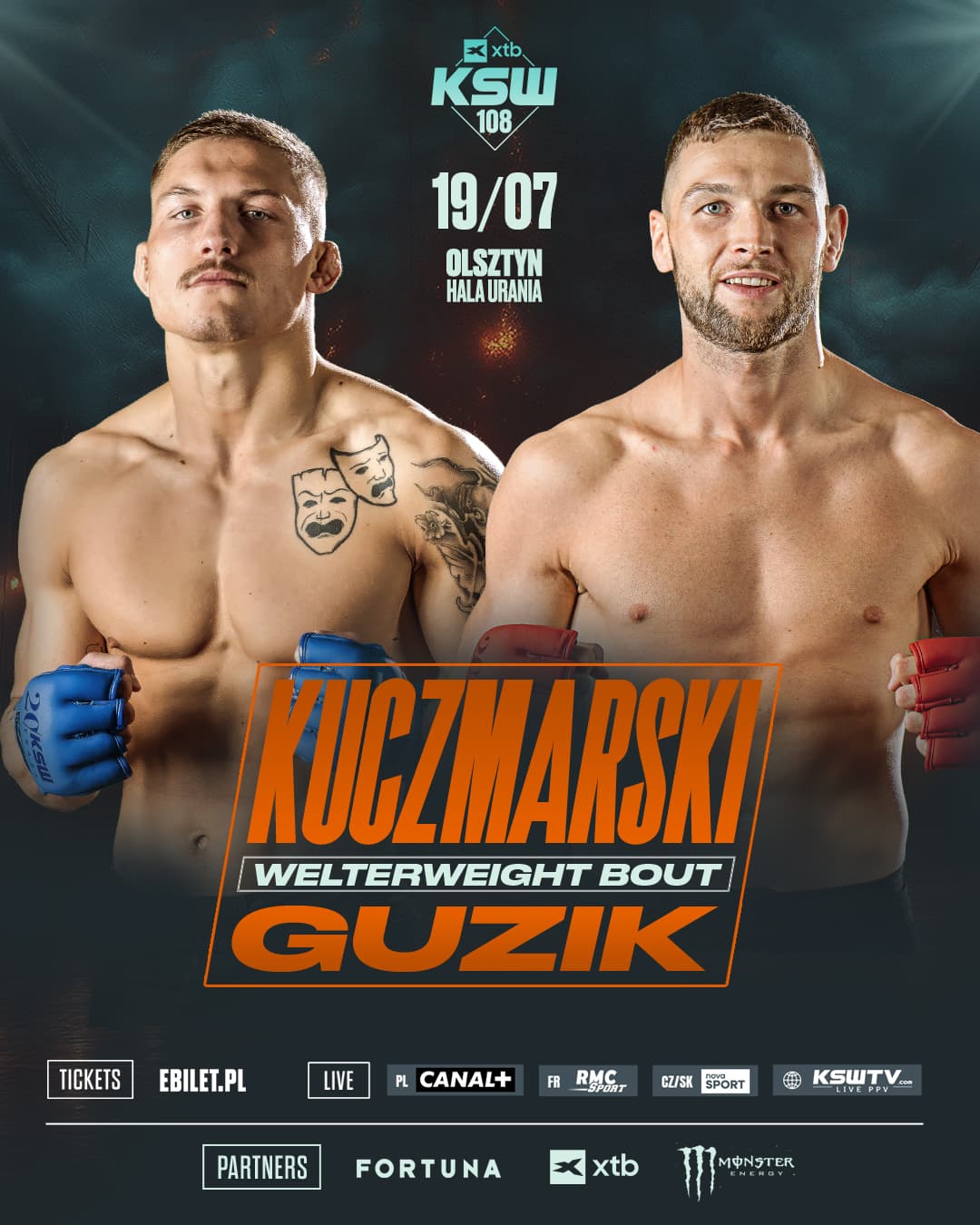 Plakat XTB KSW 108, Olsztyn, 19.07.2025 — Kuczmarski kontra Guzik